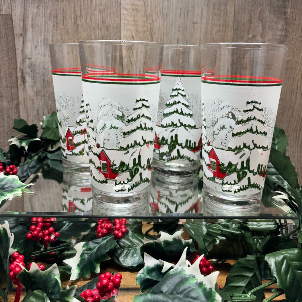VTG 4 KIG Winter Scene Frosted Glass 12 oz Flat Tumblers K129 Made In Indonesia